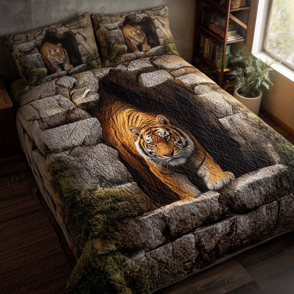 Majestic Tiger quilted 3-piece bedding set on a made bed with two matching pillow shams