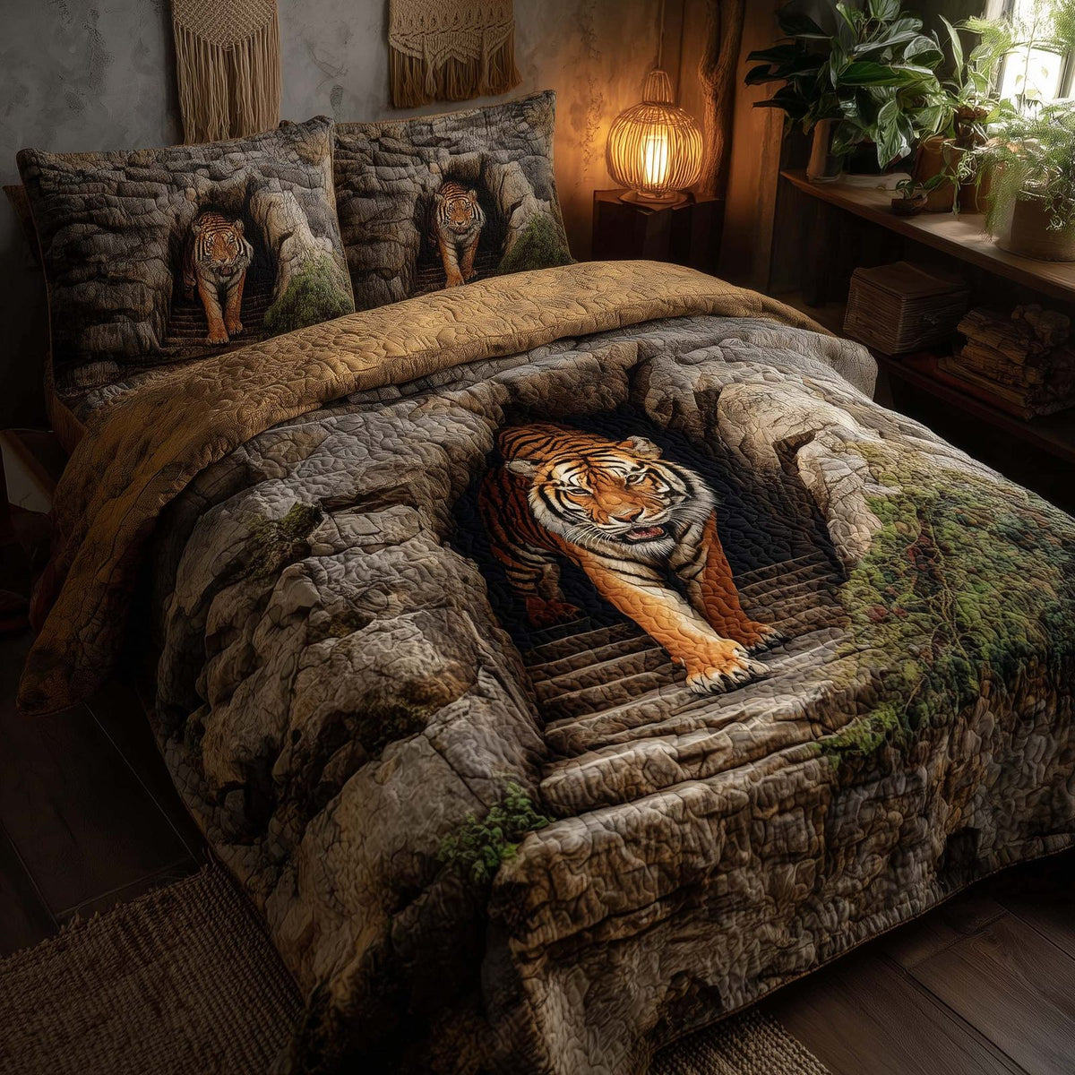 Majestic Tiger quilted 3-piece bedding set on a made bed with two matching pillow shams