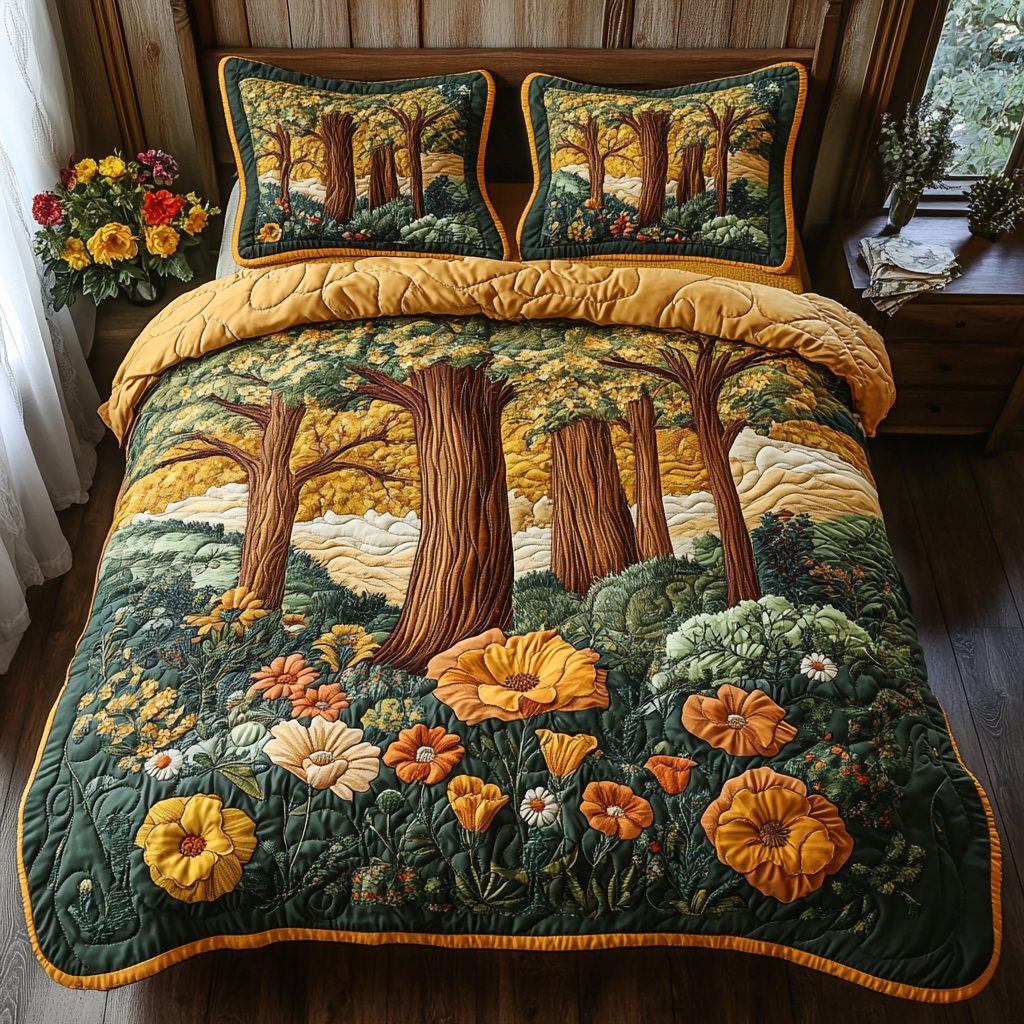 Majestic Trees quilted 3-piece bedding set on a made bed with two matching pillow shams