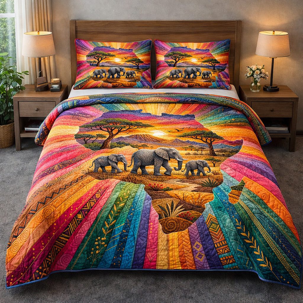 Majestic Tusker quilted 3-piece bedding set on a made bed with two matching pillow shams