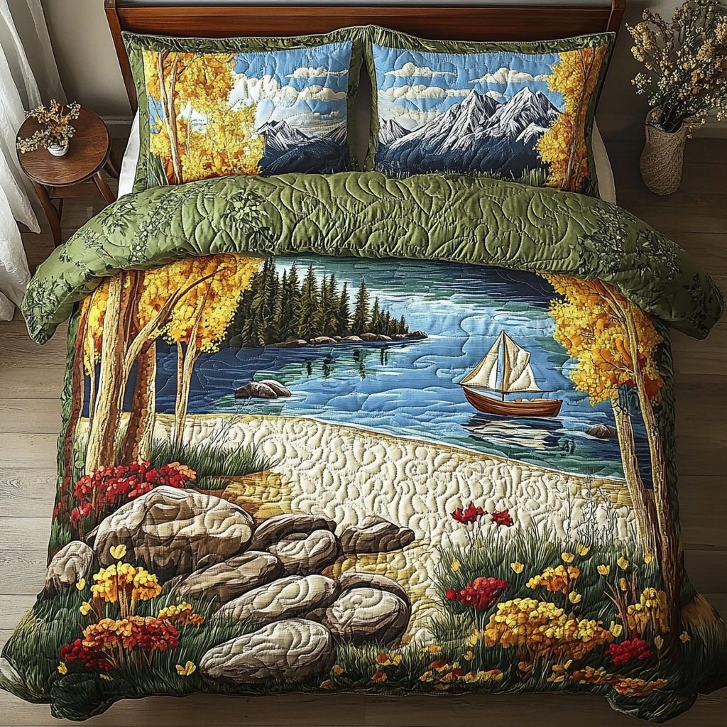 Majestic Views quilted 3-piece bedding set on a made bed with two matching pillow shams
