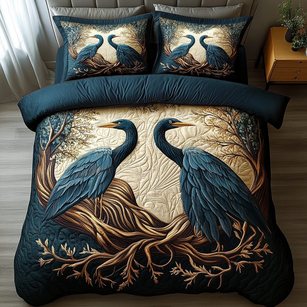 Majestic Waters quilted 3-piece bedding set on a made bed with two matching pillow shams