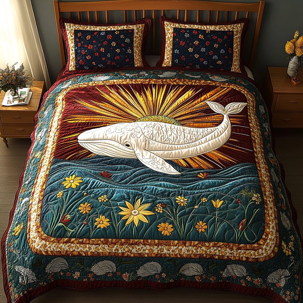 Majestic Whale quilted 3-piece bedding set on a made bed in a light coastal bedroom