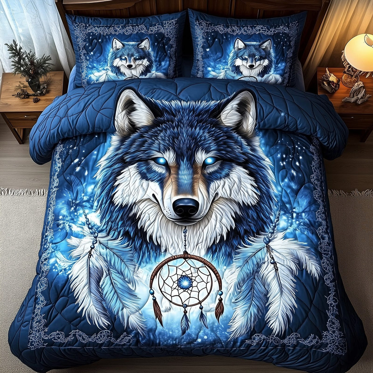Majestic Wolf quilted 3-piece bedding set on a made bed with two matching pillow shams