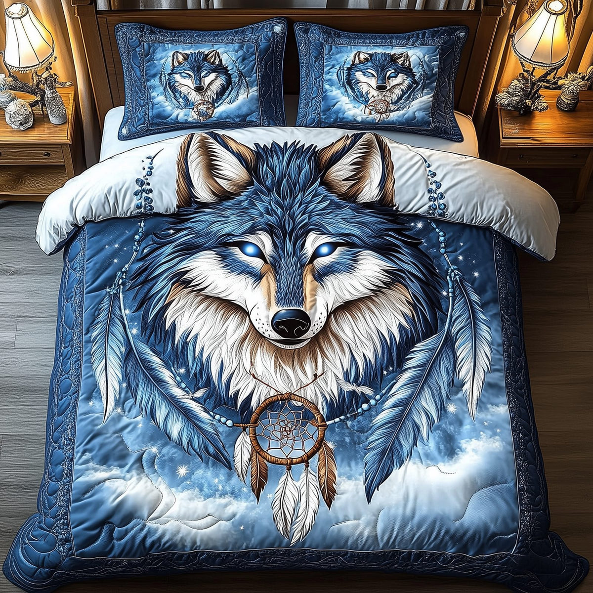 Majestic Wolf quilted 3-piece bedding set on a made bed with two matching pillow shams