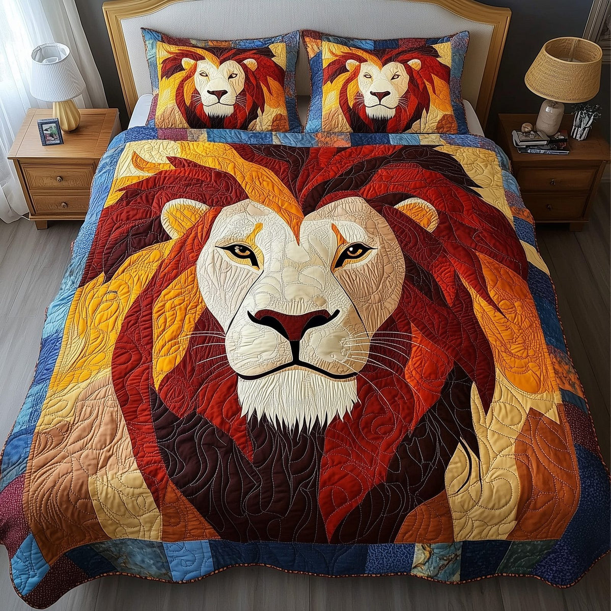 Majesty Lion quilted 3-piece bedding set on a made bed with two matching pillow shams