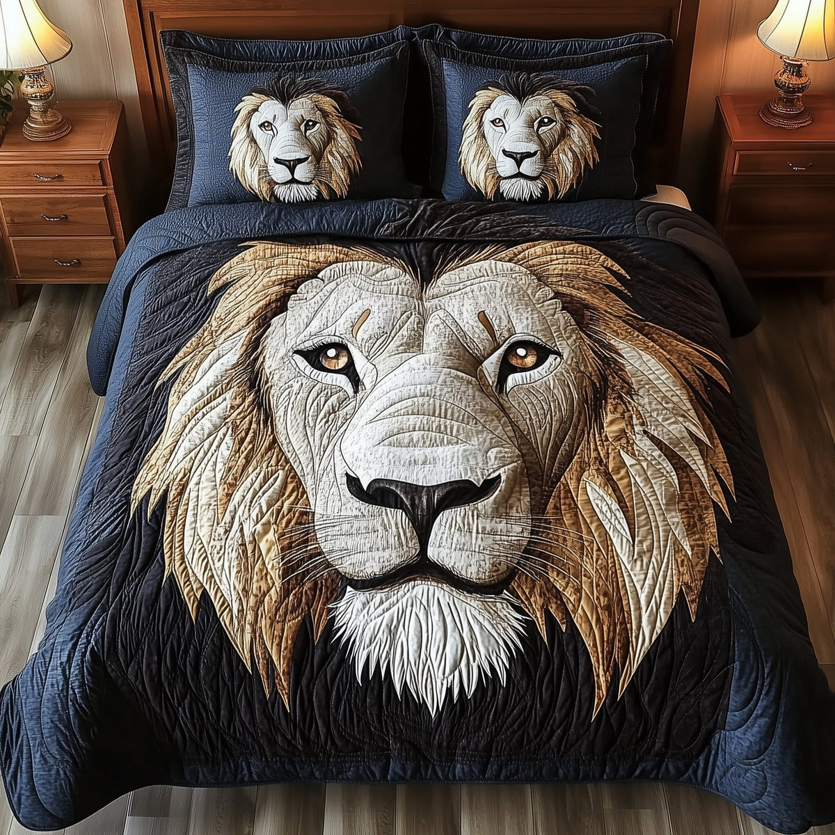 Majesty Lion quilted 3-piece bedding set on a made bed with two matching pillow shams