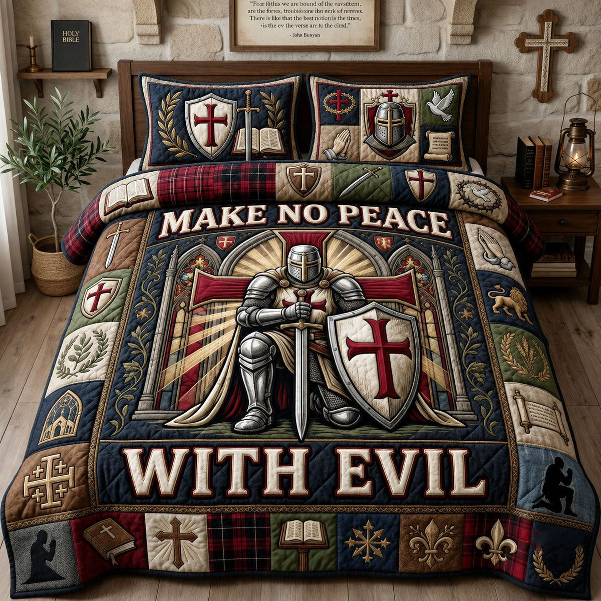 Make No Peace with Evil quilted 3-piece bedding set on a made bed with two matching pillow shams