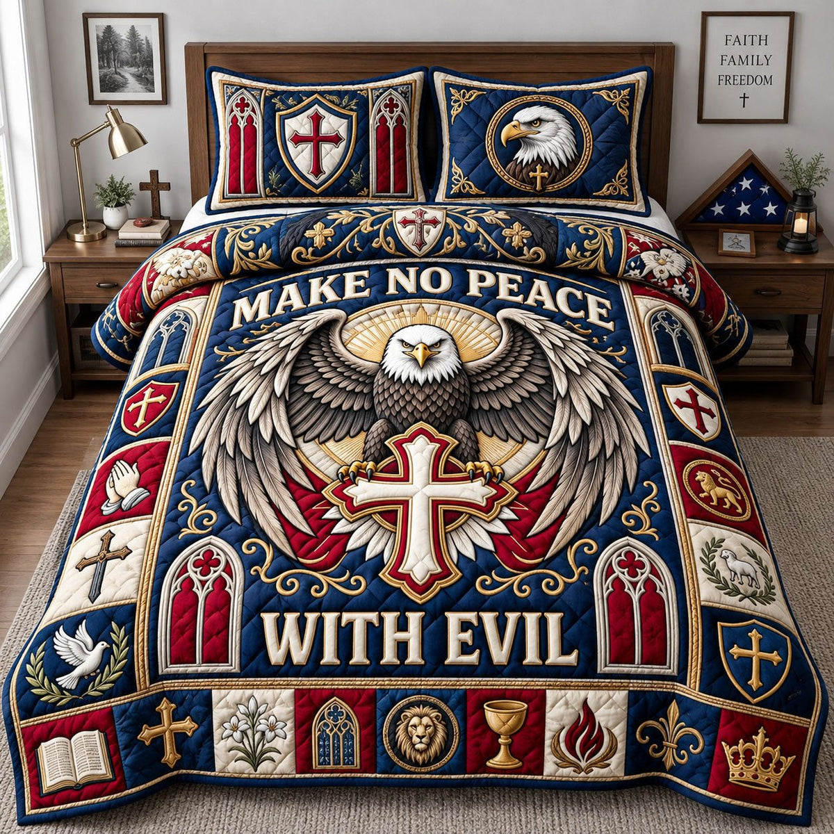Make No Peace with Evil quilted 3-piece bedding set on a made bed with two matching pillow shams