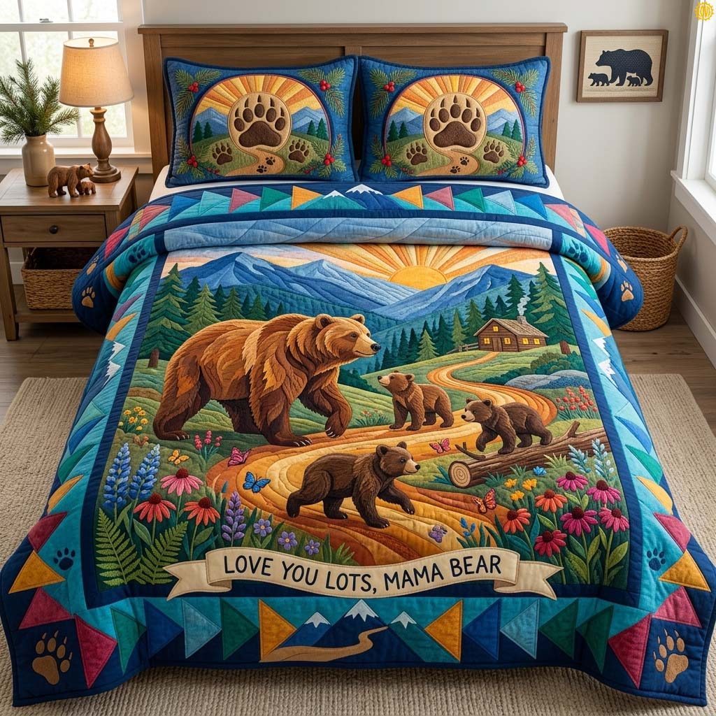 Mama Bear Leads Us Home quilted 3-piece bedding set on a made bed with two matching pillow shams