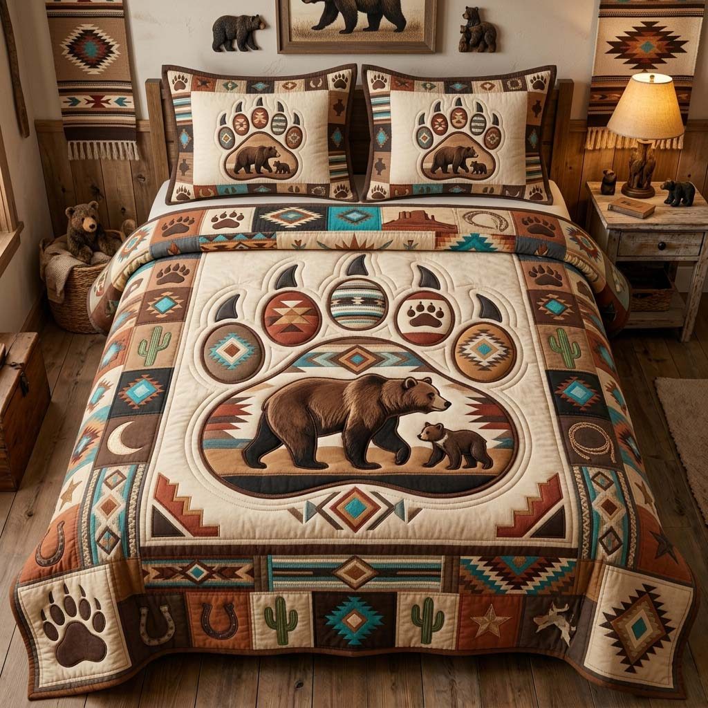 Mama Bear Trail quilted 3-piece bedding set on a made bed with two matching pillow shams