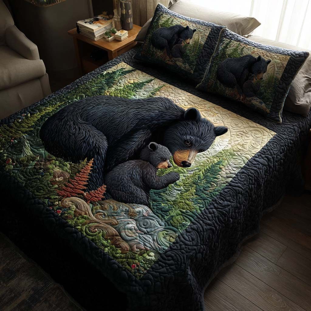 Mama Warmth quilted 3-piece bedding set on a made bed with two matching pillow shams