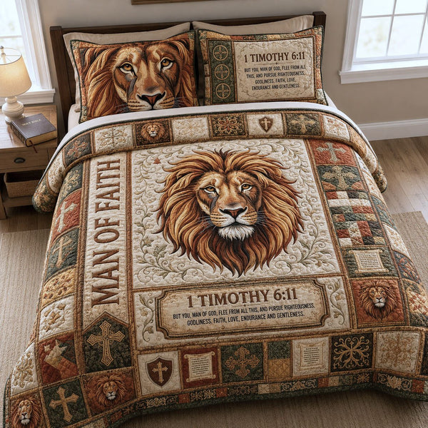 Man of Faith quilted 3-piece bedding set on a made bed in a softly lit bedroom