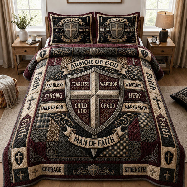 Man Of Faith quilted 3-piece bedding set on a made bed in a softly lit bedroom