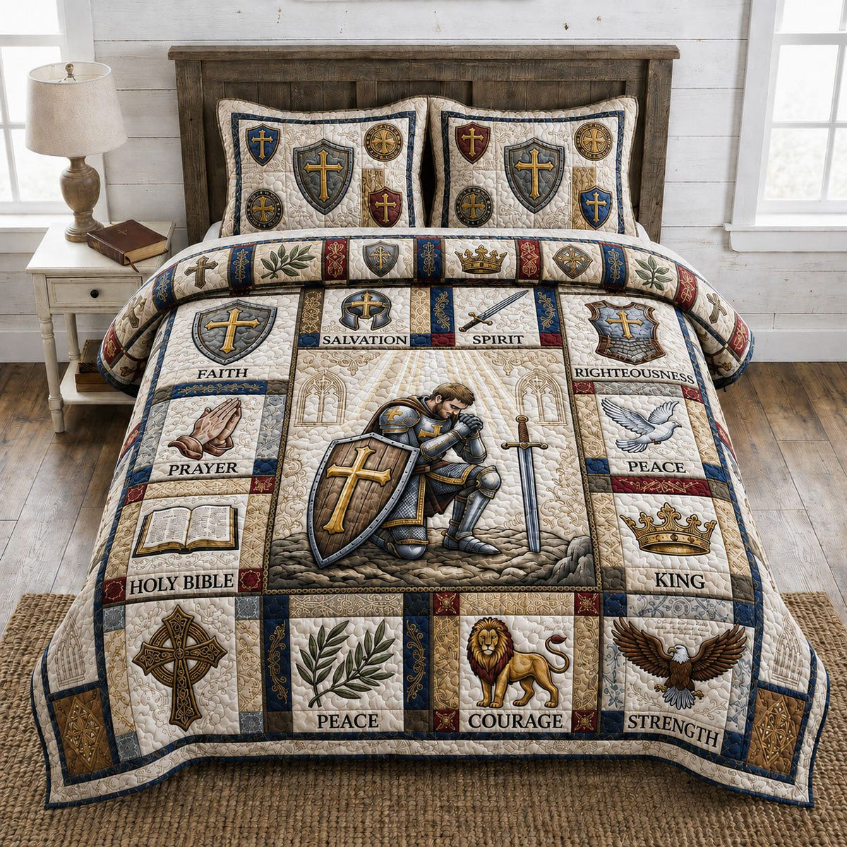 Man Of Faith quilted 3-piece bedding set on a made bed in a softly lit bedroom