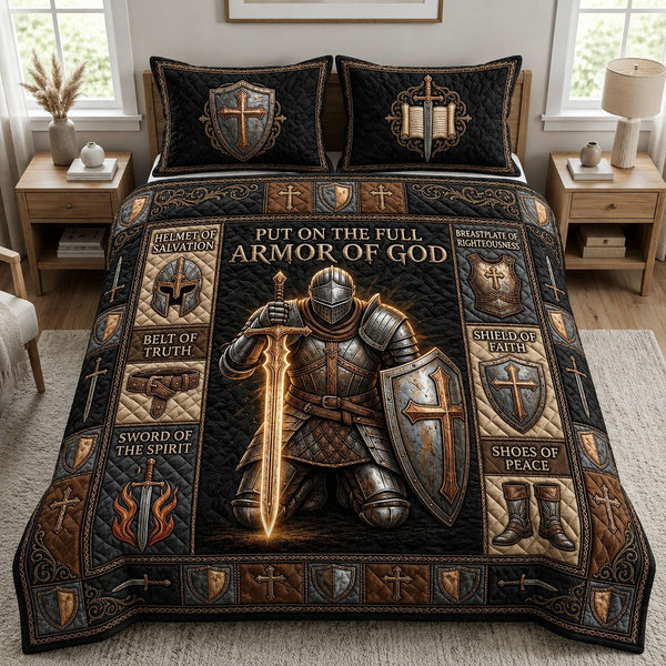 Man Of God quilted 3-piece bedding set on a made bed in a softly lit bedroom