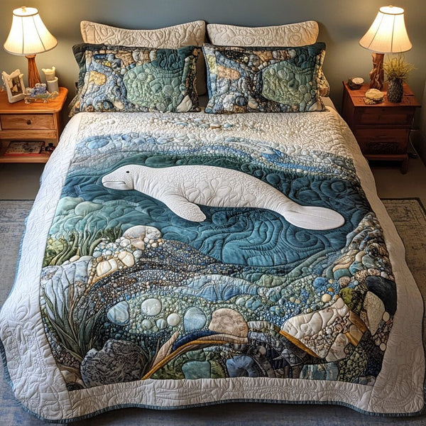 Manatee in Calm Waters quilted 3-piece bedding set on a made bed with two matching pillow shams