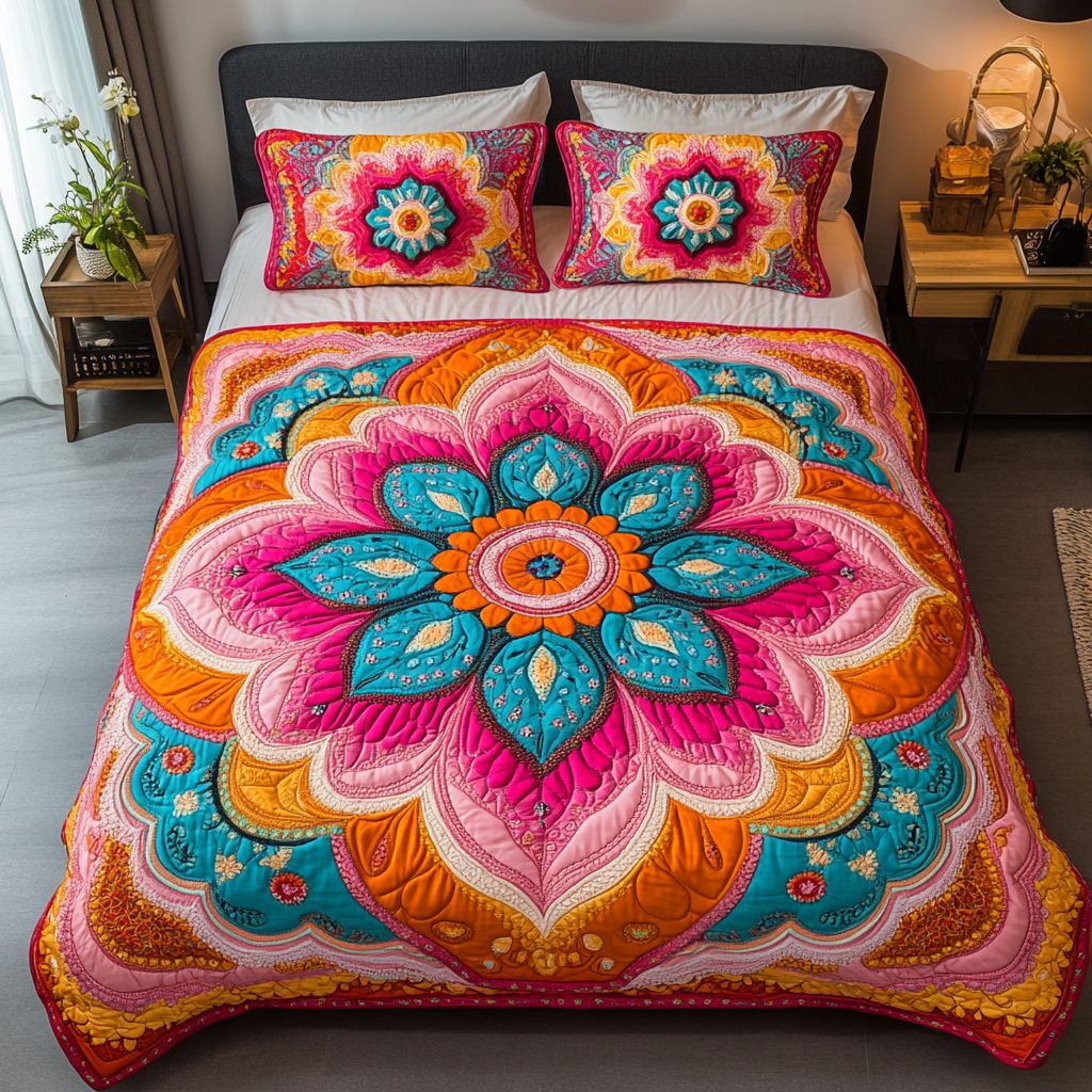 Mandala Art quilted 3-piece bedding set on a made bed with two matching pillow shams