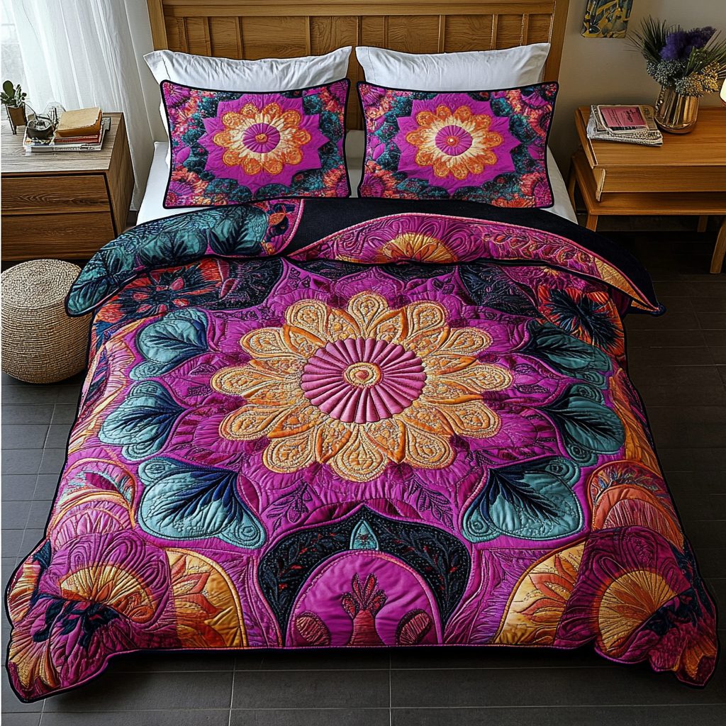 Mandala Design quilted 3-piece bedding set on a made bed with two matching pillow shams