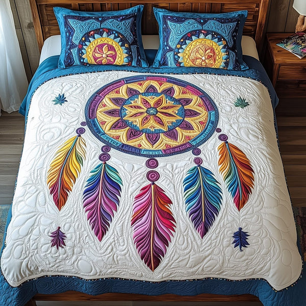 Mandala Dreamcatcher quilted 3-piece bedding set on a made bed with two matching pillow shams