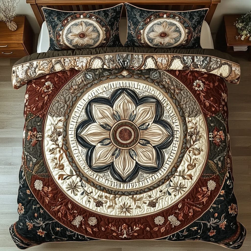 Mandala Elegance quilted 3-piece bedding set on a made bed with two matching pillow shams