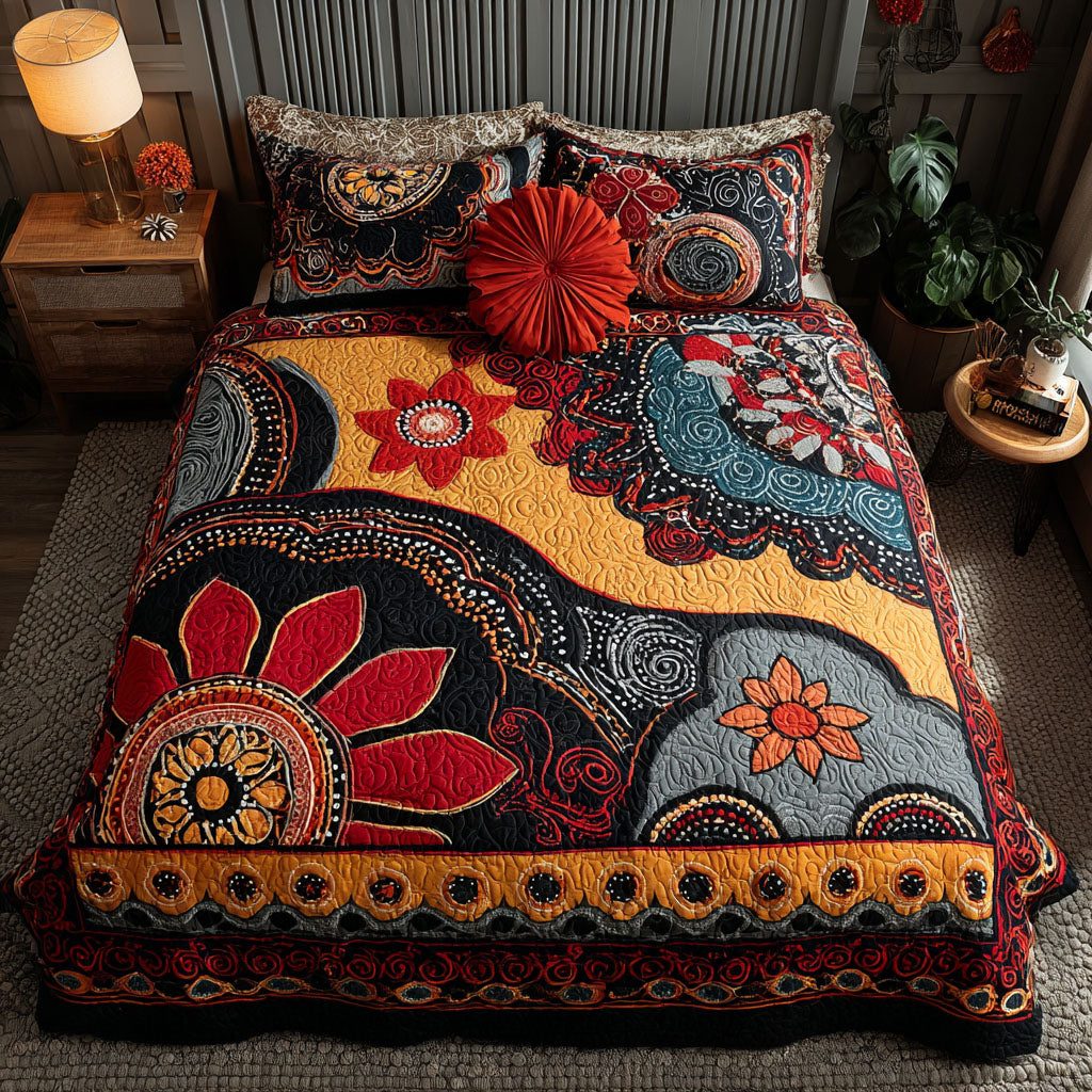 Mandala Journey quilted 3-piece bedding set on a made bed with two matching pillow shams