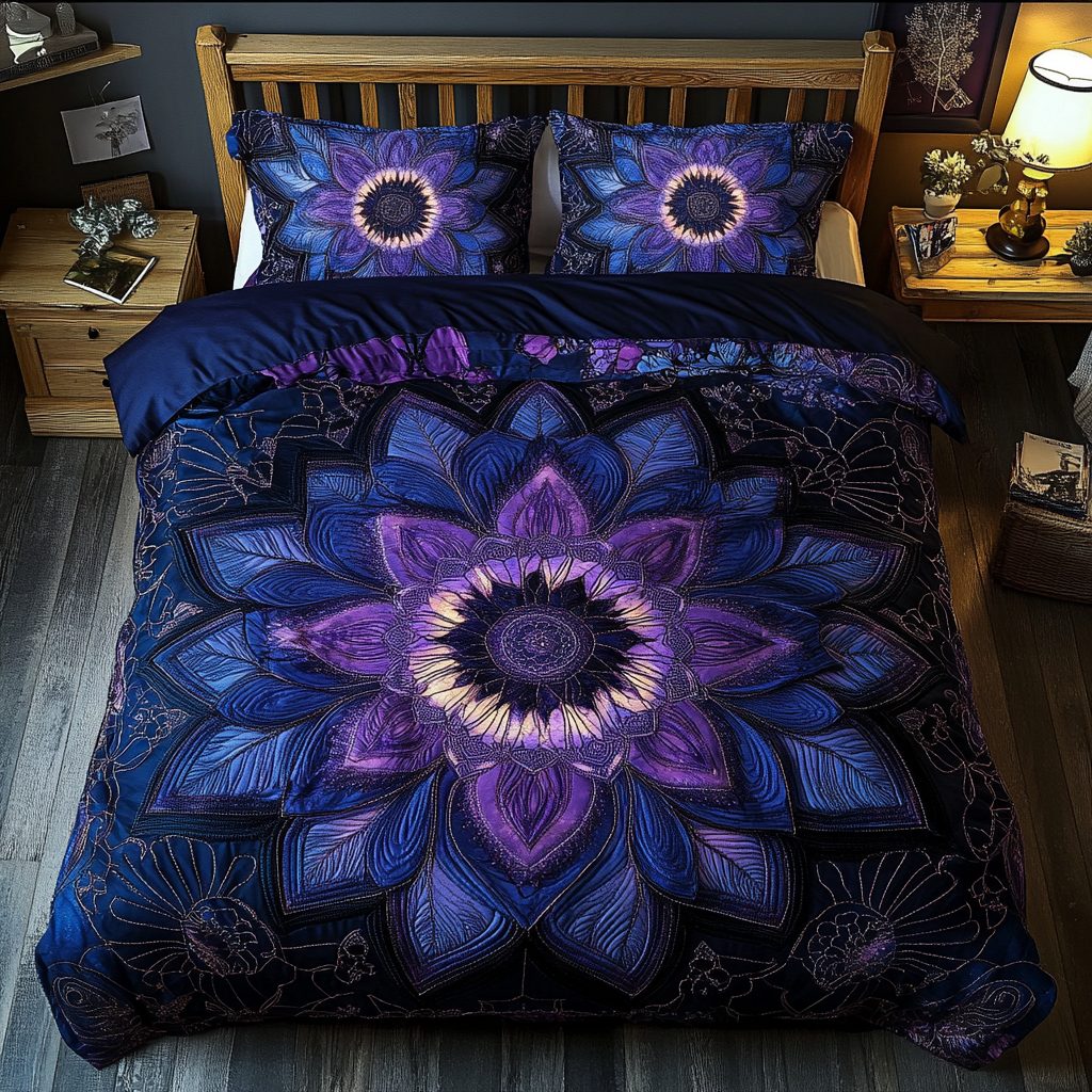 Mandala Vibe quilted 3-piece bedding set on a made bed with two matching pillow shams
