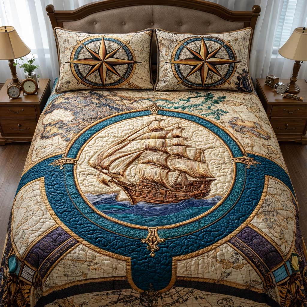 Map Explorer quilted 3-piece bedding set on a made bed with two matching pillow shams