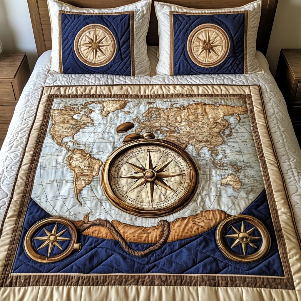 Map Voyage quilted 3-piece bedding set on a made bed with two matching pillow shams