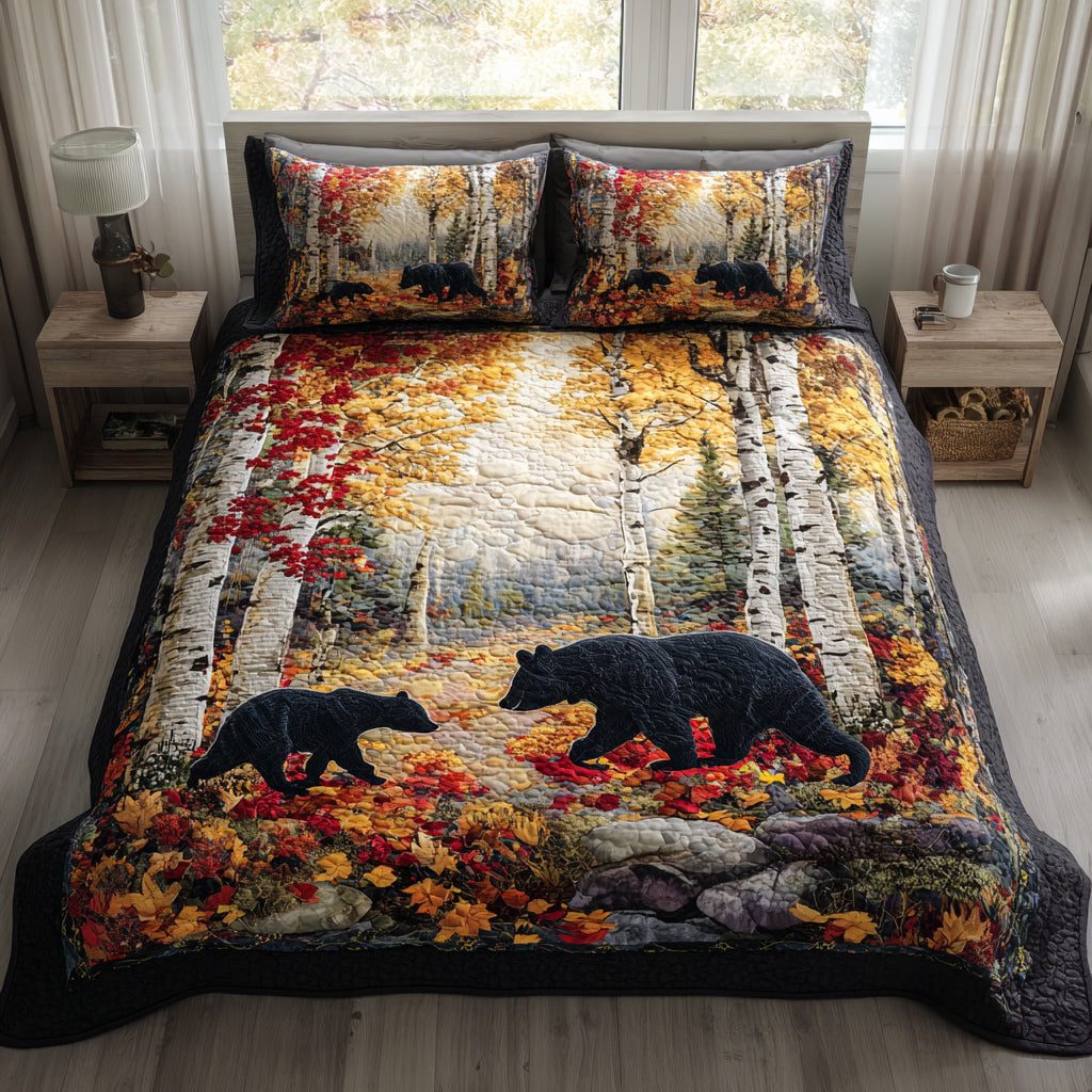 Maple Bear Grove quilted 3-piece bedding set on a made bed with two matching pillow shams