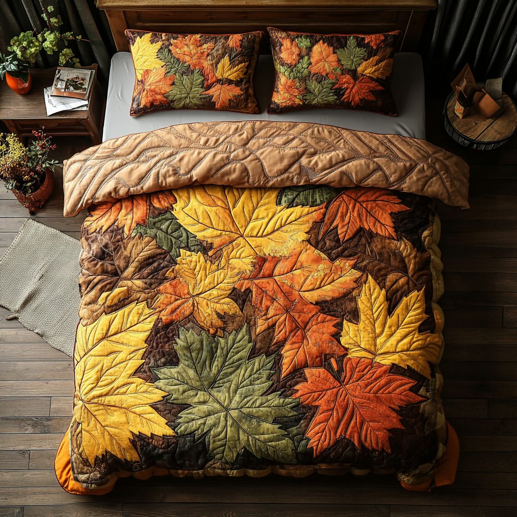 Maple Harmony quilted 3-piece bedding set on a made bed with two matching pillow shams