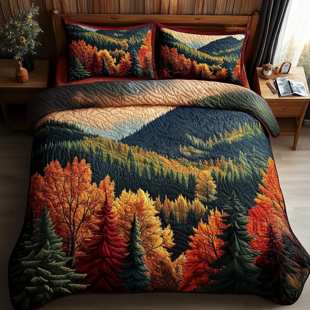 Maple Horizon quilted 3-piece bedding set on a made bed with two matching pillow shams