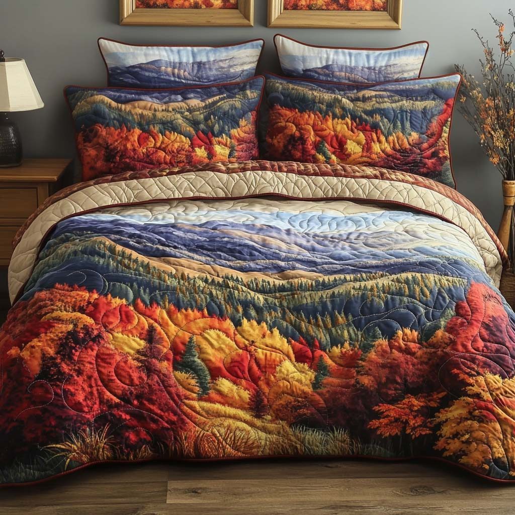Maple Ridge Morning quilted 3-piece bedding set on a made bed with two matching pillow shams