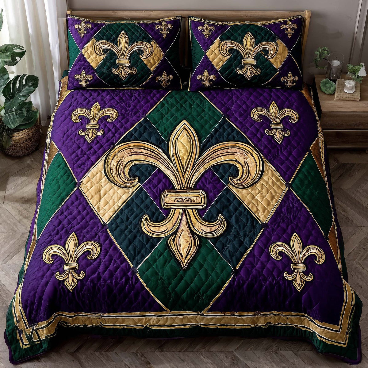 Mardi Gras Fleur quilted 3-piece bedding set on a made bed with two matching pillow shams