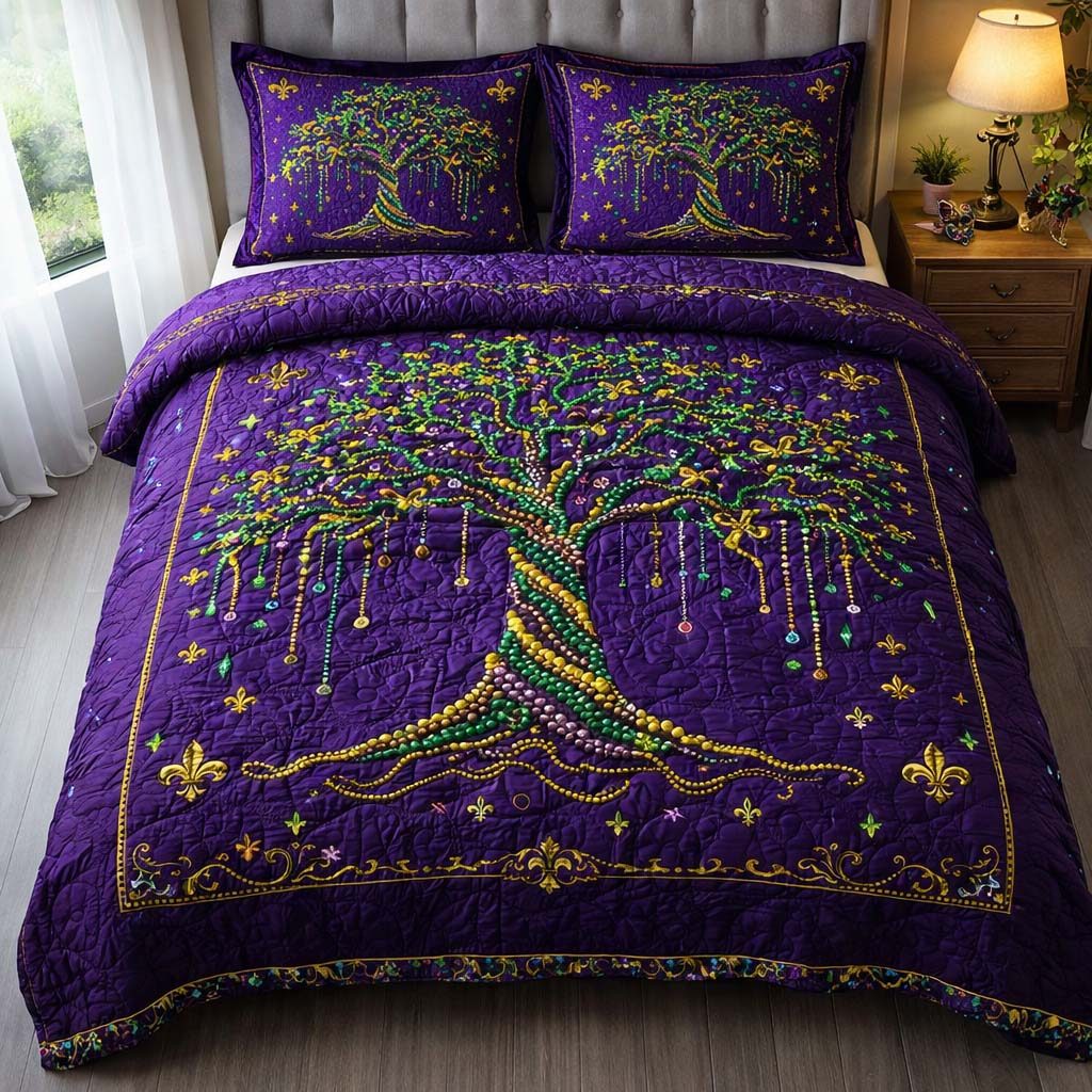 Mardi Gras Tree quilted 3-piece bedding set on a made bed with two matching pillow shams