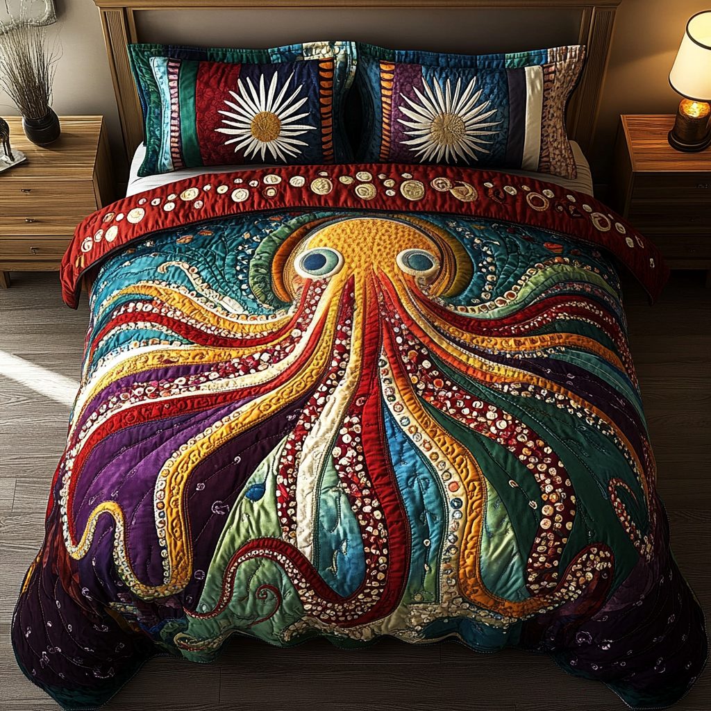 Marine Charm quilted 3-piece bedding set on a made bed in a warmly lit bedroom