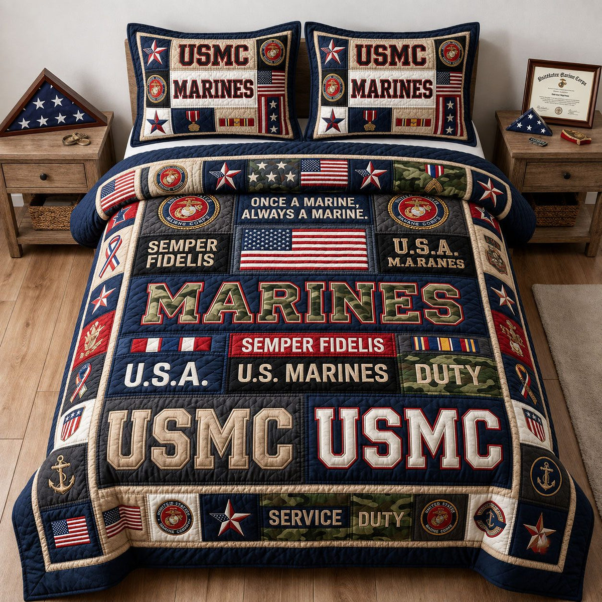Marine Corps Veteran quilted 3-piece bedding set on a made bed in a warmly lit bedroom