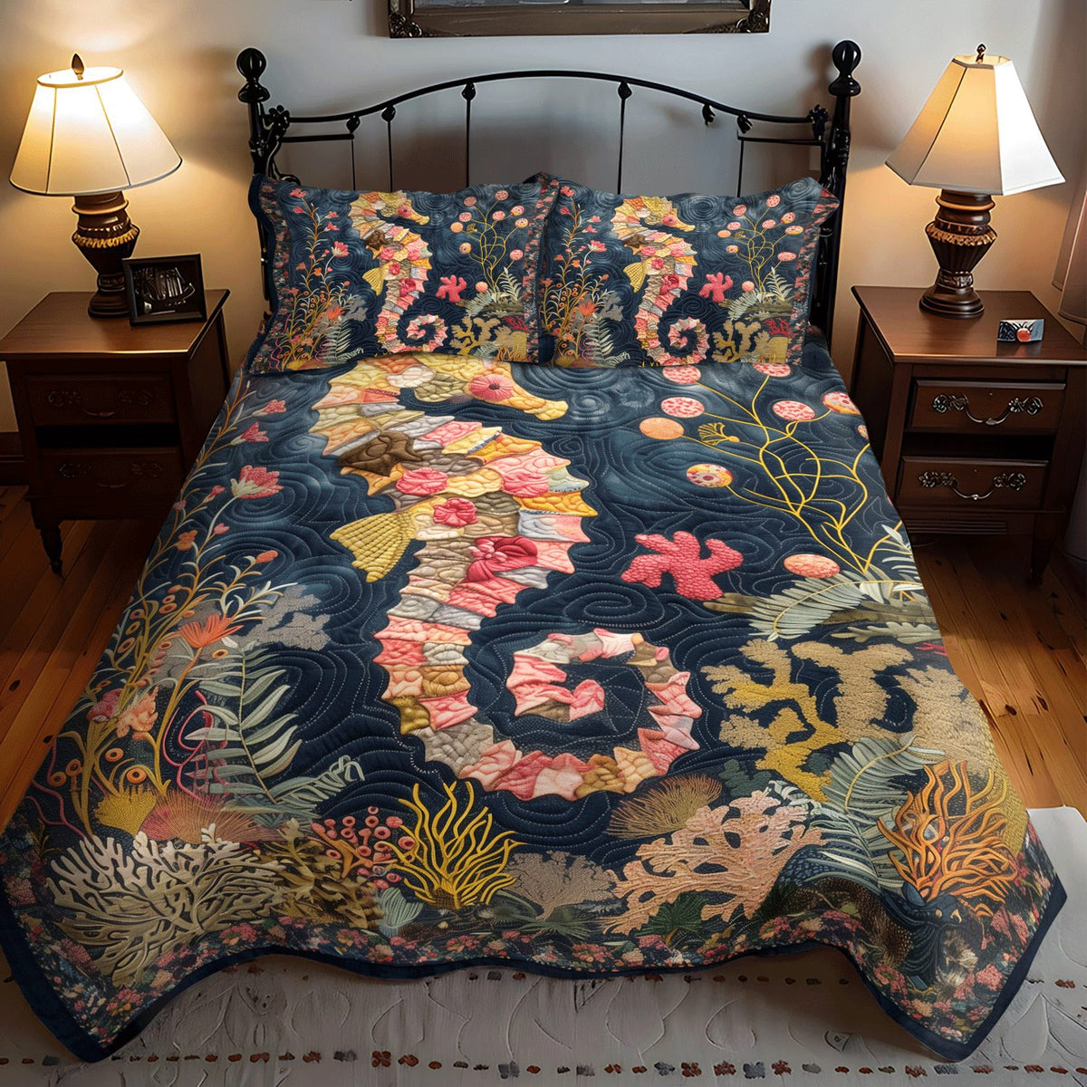 Marine Garden quilted 3-piece bedding set on a made bed in a warmly lit bedroom