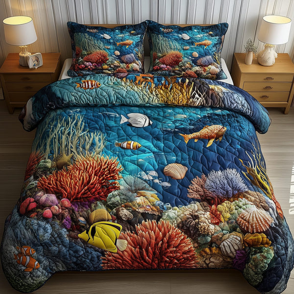 Marine Life quilted 3-piece bedding set on a made bed in a warmly lit bedroom
