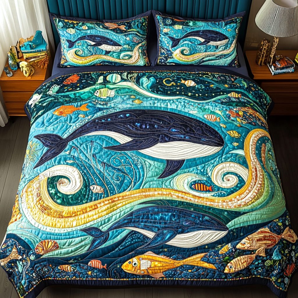 Marine Magic quilted 3-piece bedding set on a made bed in a warmly lit bedroom