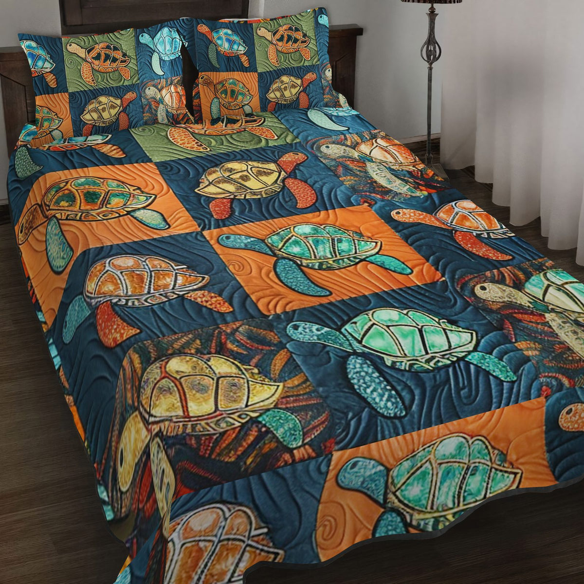 Marine Melody quilted 3-piece bedding set on a made bed in a warmly lit bedroom