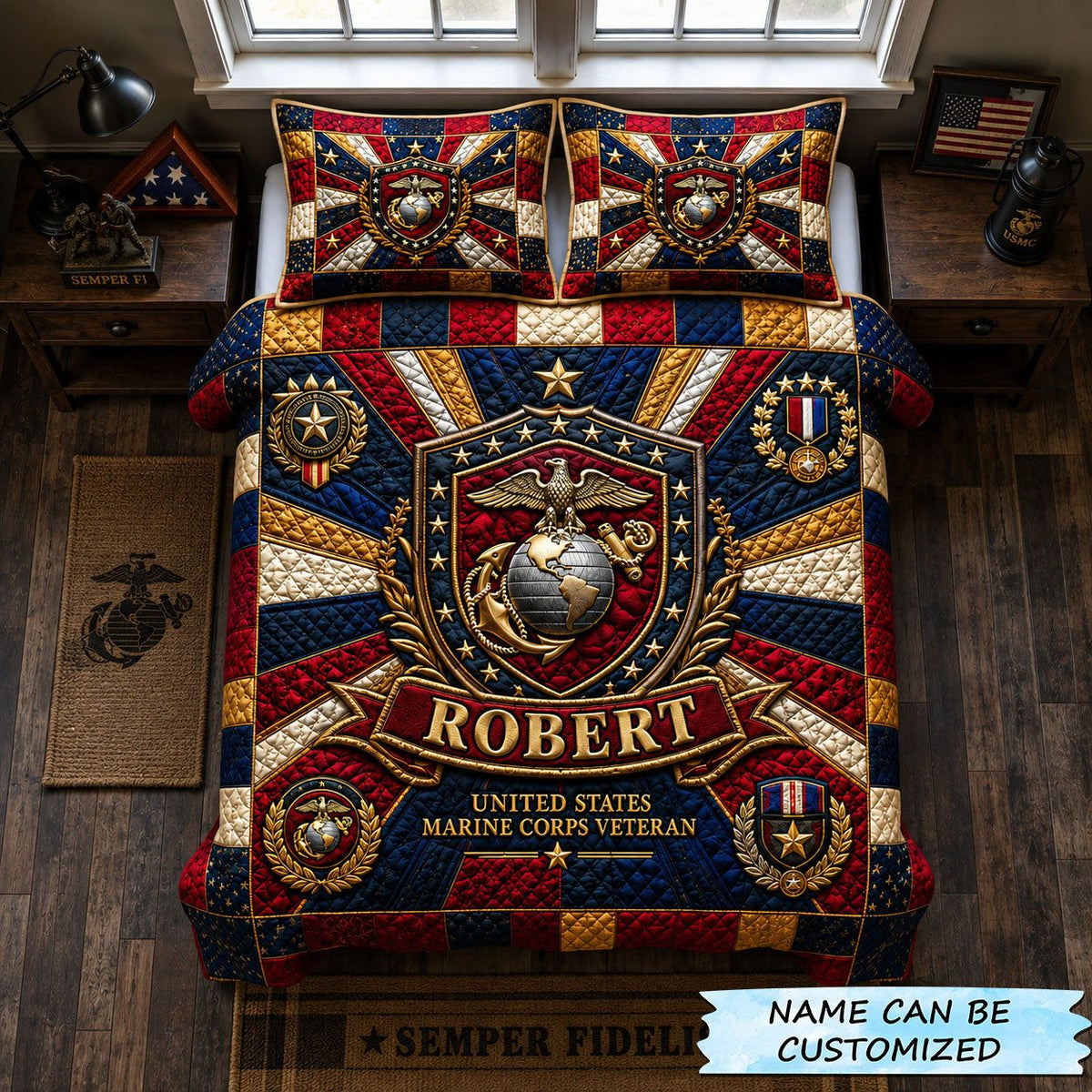 Marine Valor Shield quilted 3-piece bedding set on a made bed in a warmly lit bedroom