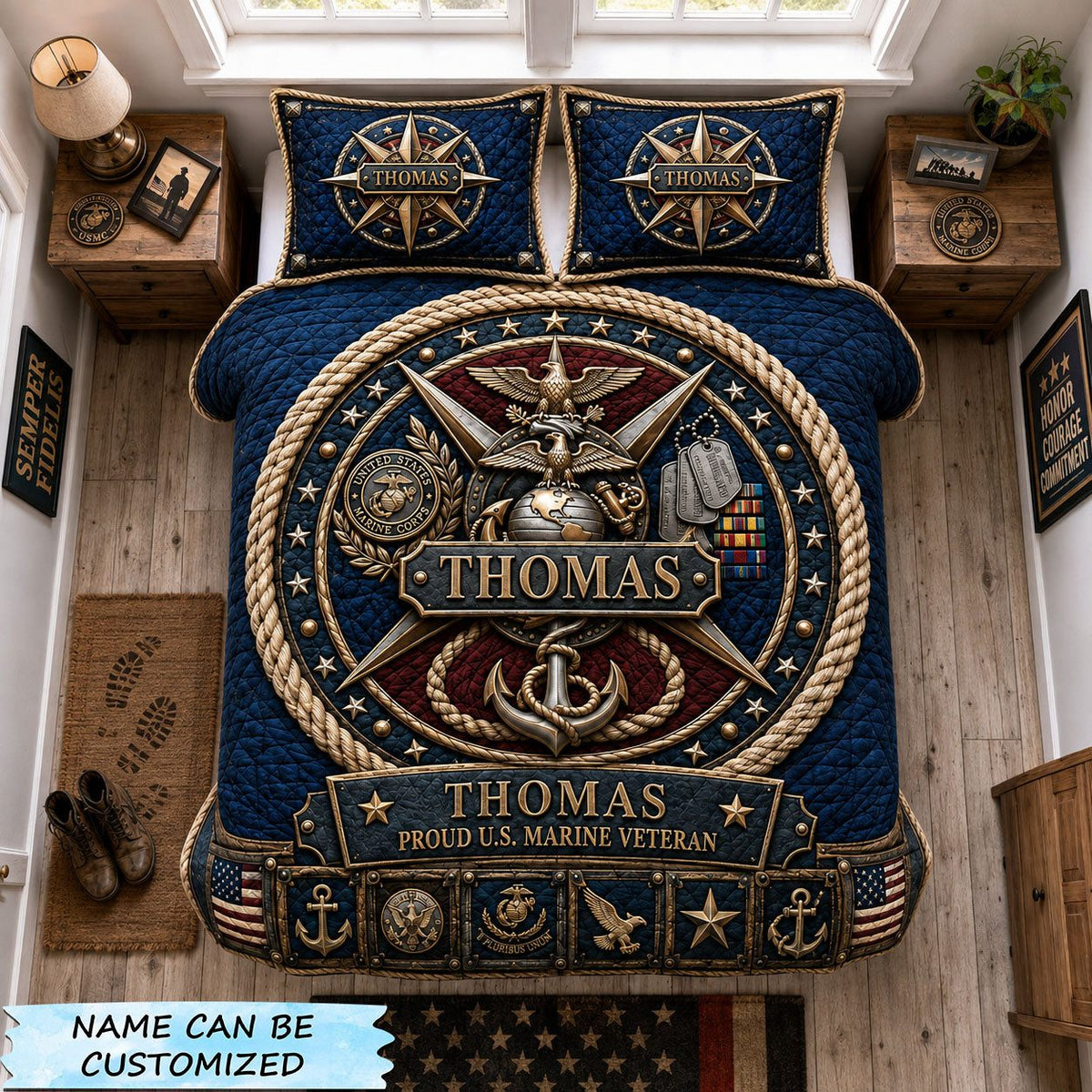 Marine Veteran Compass of Honor quilted 3-piece bedding set on a made bed in a warmly lit bedroom