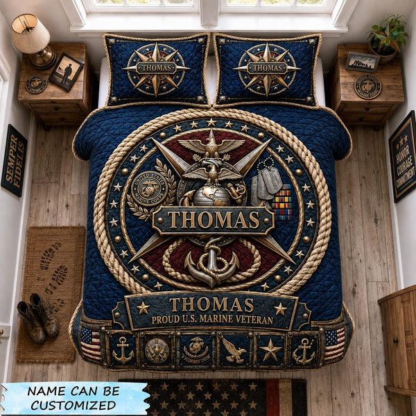 Marine Veteran Compass of Honor quilted 3-piece bedding set on a made bed in a warmly lit bedroom