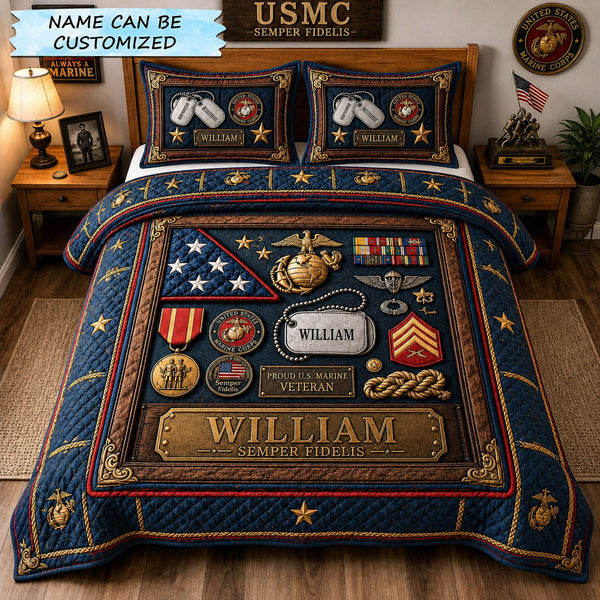 Marine Veteran Shadow Box Honor quilted 3-piece bedding set on a made bed in a warmly lit bedroom