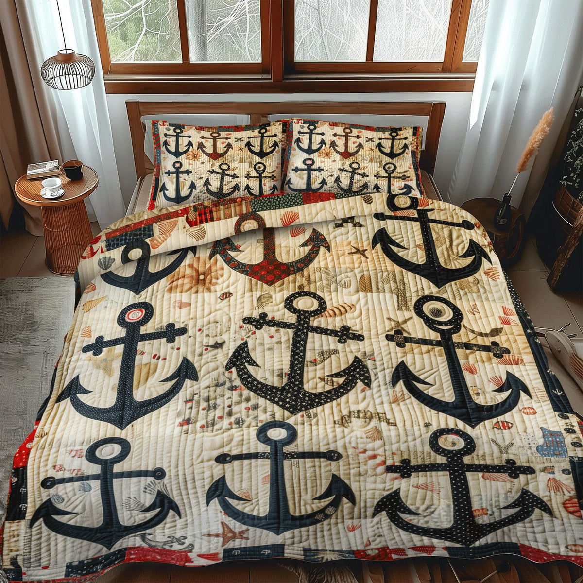 Maritime Anchors quilted 3-piece bedding set on a made bed in a light coastal bedroom