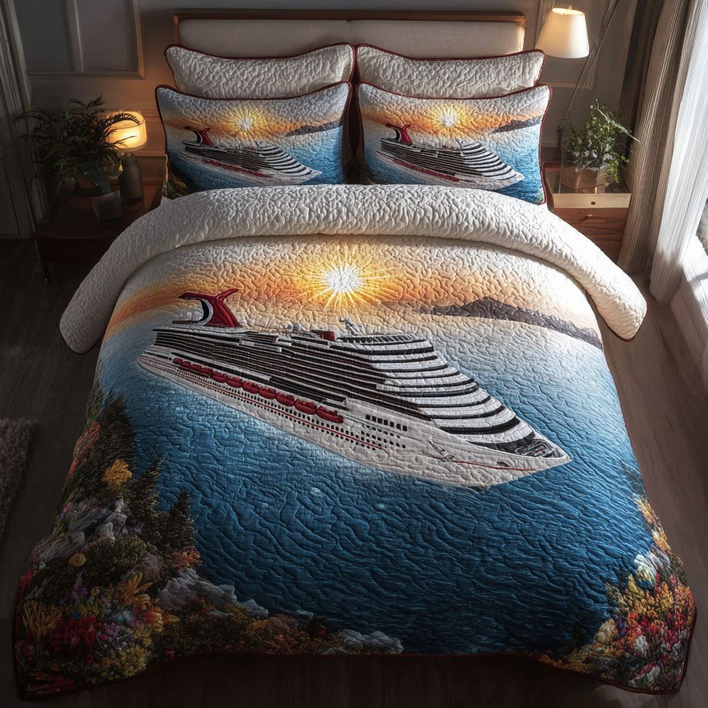 Maritime Journey quilted 3-piece bedding set on a made bed with two matching pillow shams