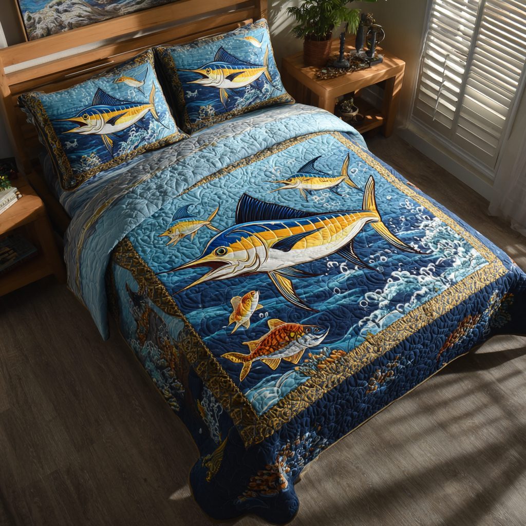 Marlin Dream quilted 3-piece bedding set on a made bed with two matching pillow shams