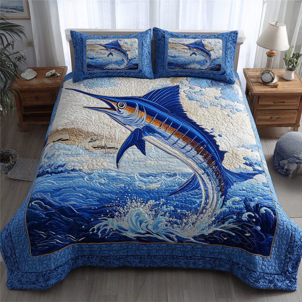 Marlin Glory quilted 3-piece bedding set on a made bed with two matching pillow shams