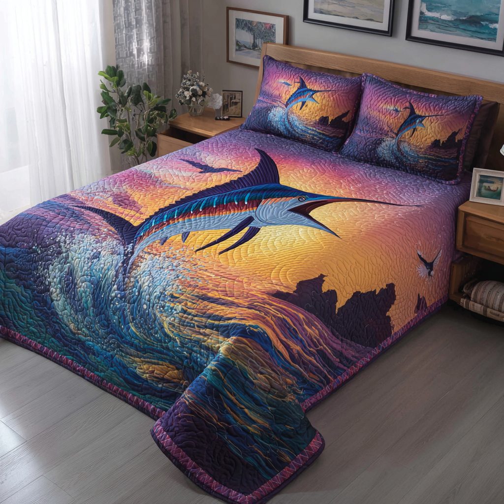 Marlin Journey quilted 3-piece bedding set on a made bed with two matching pillow shams